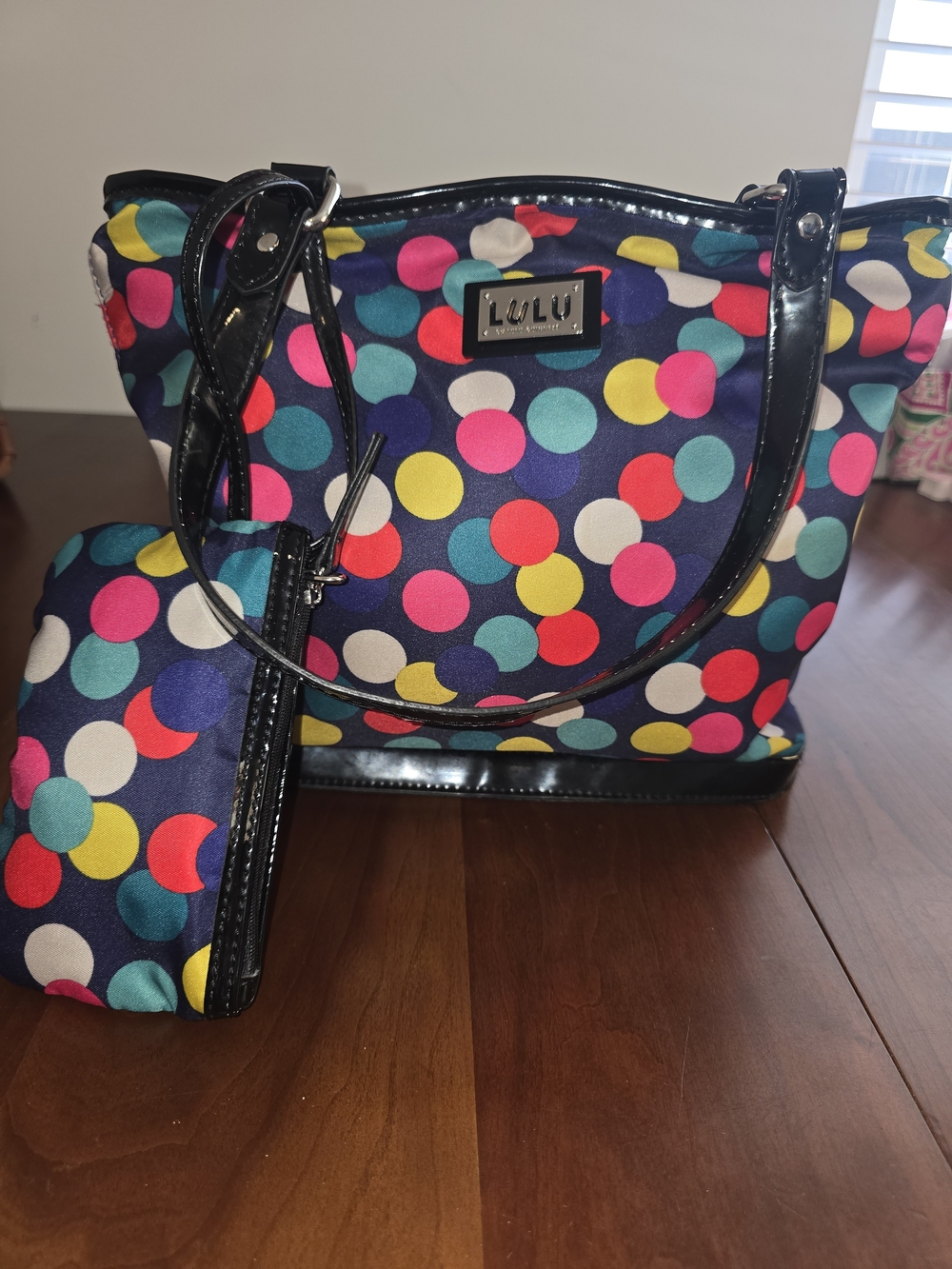 Lulu by Lulu Guinness Navy Polka Dot Tote with Matching Detachable Wristlet, New